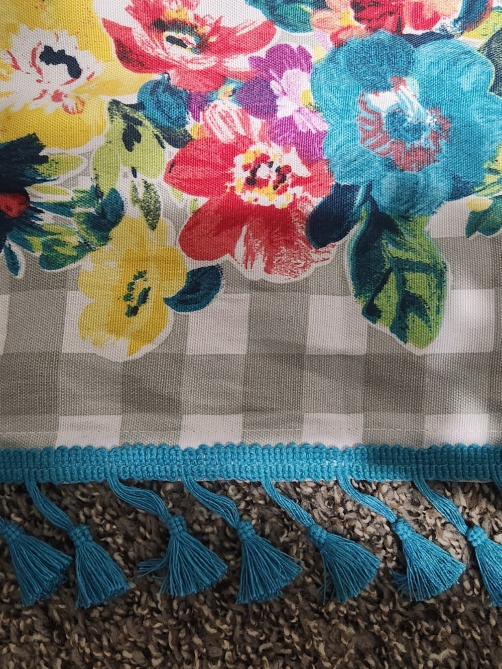 The Pioneer Woman Floral Gingham Curtain Panel with Turquoise Fringe - Picture 2 of 4